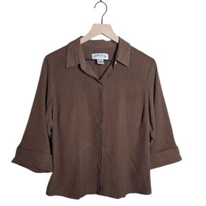 Orvis Silk Button-Up Shirt 3/4 Sleeve Blouse Top Brown Womens Size Medium